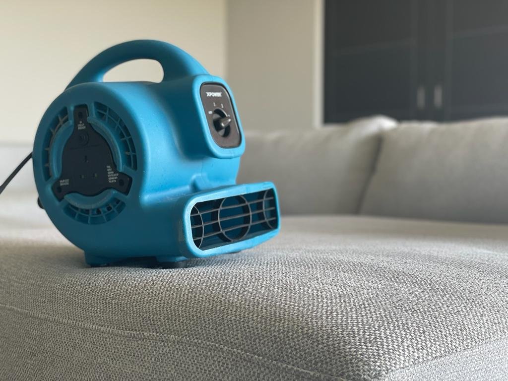 Air mover on upholstery after cleaning in Eastbourne